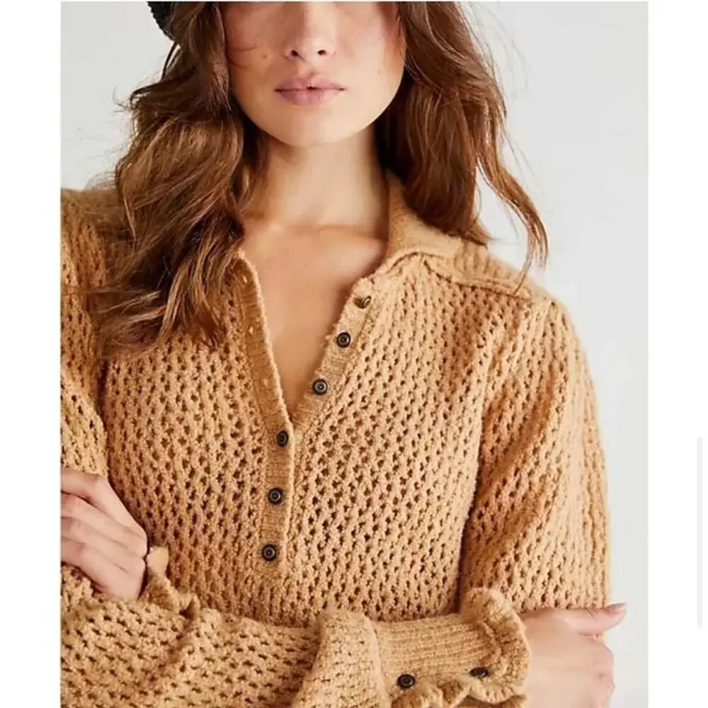Free People Care FP Snowdrift Pullover Sweater in Camel Heather Size Small